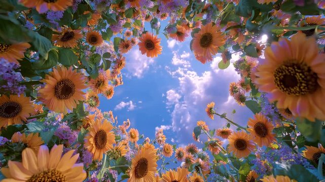 Vibrant Field of Sunflowers Looking Up to the Sunny Sky