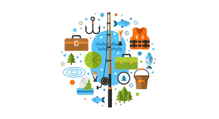Naklejka premium Flat Vector Fishing Gear and Outdoor Activity Icon Set Design