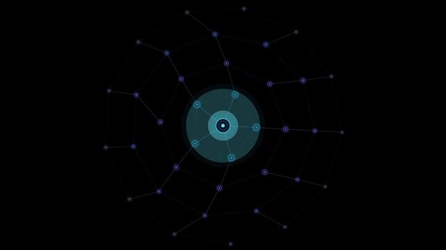 Digital network nodes connections design for technical projects, suitable for technology backgrounds, website banners, or digital presentations. Geometric, symmetric, glowing.