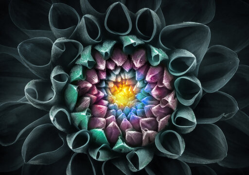 Dark gothic macro photograph of a blooming chrysanthemum flower with dramatic curled petals and glowing colorful center. 