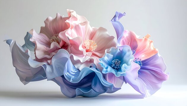 Pastel flowers and flowing fabric create a delicate, abstract composition