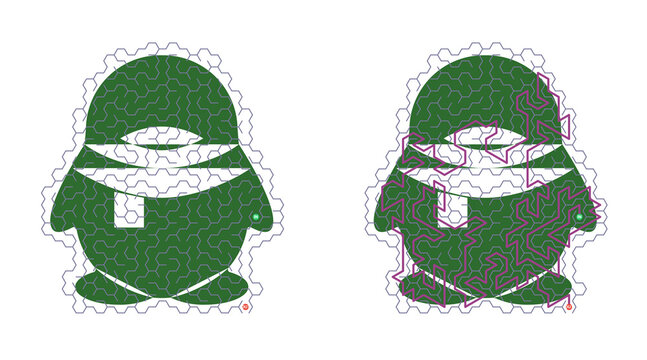 Green penguin-shaped puzzle design. White background highlights puzzle edges. Two views show full and partially solved versions. Solve puzzle for fun or educational use