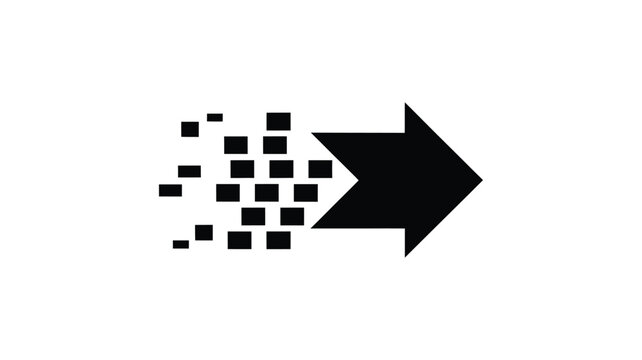 Black arrow with pixelated disintegration effect indicating speed, motion, or digital transformation.