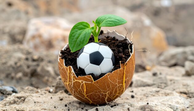 Sprout and soccer ball in cracked eggshell on sand