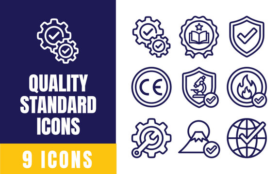 Quality Standard Icons Set &mdash; Gear Badge, Shield, CE Mark, Verified, Globe, Fire Vector Line Icons for Compliance and Certification