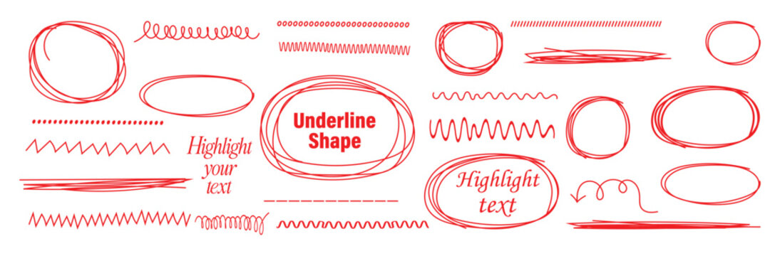 Red marker highlight set. Red pen strokes forming round circle underline shapes with hand drawn doodle arrow elements creating vector set kit bundle for highlight text in dynamic oval line the theme.