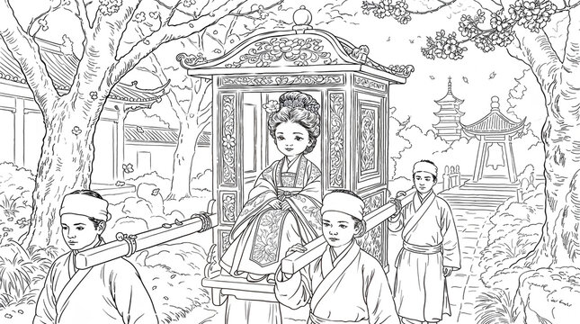 Hina Matsuri festival with doll in peacock palanquin carried by attendants coloring page &mdash; gentle Japanese sheet on Girls&rsquo; Day, tradition, and elegance