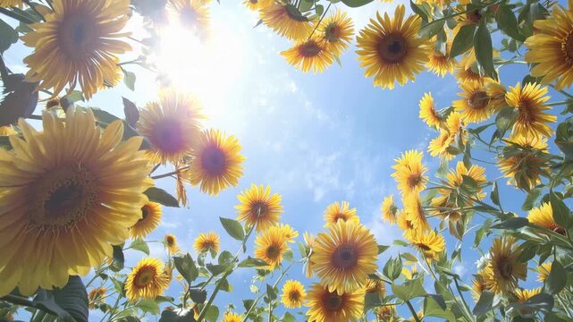 Vibrant Field of Sunflowers Looking Up to the Sunny Sky