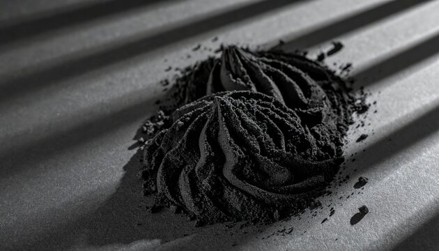 Abstract pattern of scattered dark graphite carbon powder on textured paper with dramatic shadows