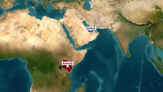 Animated airplane flies from Dubai to Kenya on a world map
