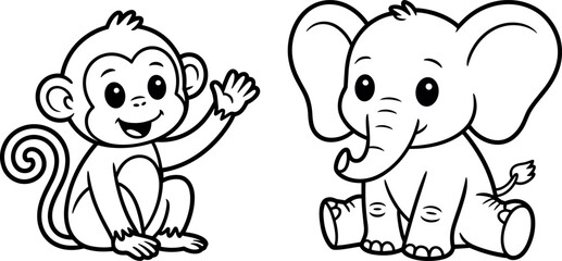 Vector illustration of monkey and elephant cartoon symbolizing childhood, playfulness, friendship, and educational design © MI Visual Studio