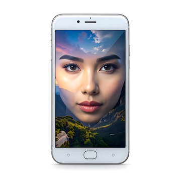Smartphone displaying a split screen portrait of an Asian woman layered over a scenic mountain landscape at sunset, digital technology concept