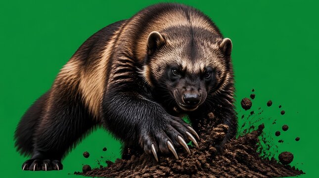 Powerful Wolverine Digging in Dirt Isolated on Green Screen Background, Wild Carnivore with Sharp Claws and Intense Gaze
