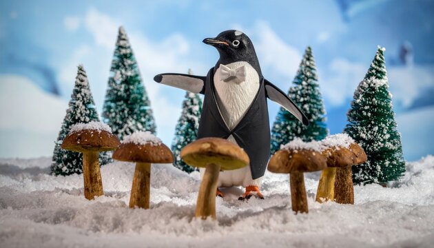 Penguin conductor leads mushroom orchestra in snowy forest