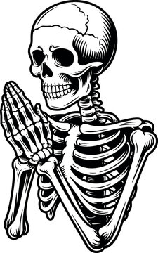 Vector illustration of praying skeleton symbolizing mortality, spirituality, reverence, life, death, and stylized design