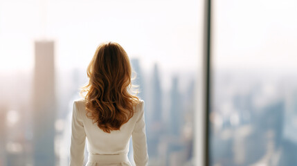 Fototapeta na wymiar elegant businesswoman overlooking city skyline in modern office, luxury corporate interior with woman viewing urban skyline, successful female executive in white suit facing city window