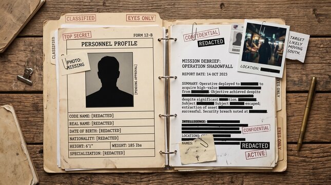 Secret dossier file containing classified personnel profile documents with redacted intelligence reports and mysterious surveillance photographs displayed on a rustic wooden desk surface for analysis