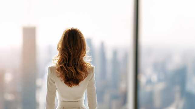 elegant businesswoman overlooking city skyline in modern office, luxury corporate interior with woman viewing urban skyline, successful female executive in white suit facing city window