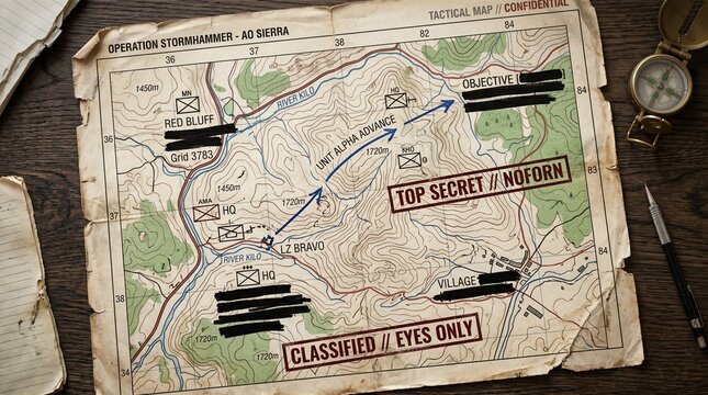 Military map showing tactical operation planning with top secret markings and compass on a wooden desk top in this overhead studio photograph for strategic concepts