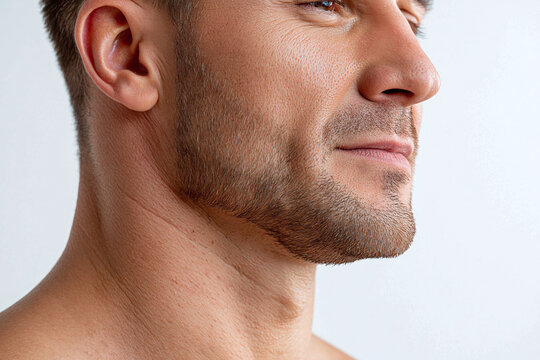 Handsome close up of male jawline and neck with subtle muscle tension and short stubble, warm skin tone and contemplative expression conveying strength and calm