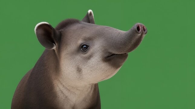 Close-up Portrait of a Young Tapir Calf with Proboscis Snout against Green Background