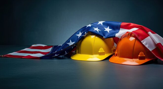 American flag draped over construction hard hats