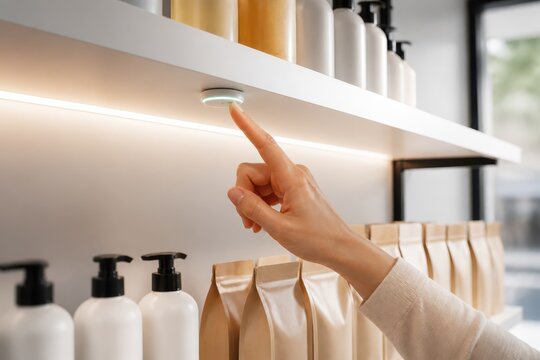 Hand pressing touch sensor on modern retail shelf with refillable product bottles and packaging display