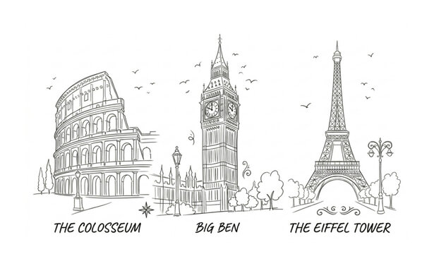 Sketch doodle of Colosseum Eiffel Tower and Big Ben famous landmarks travel vector