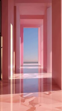 Pink Architectural Scene with Water Reflection and Shadows