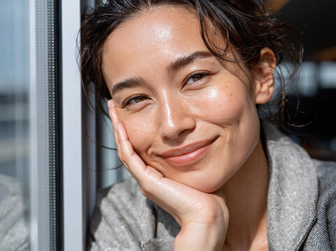 Young woman with glowing skin smiling by window, natural light highlighting cheek dimples and relaxed expression