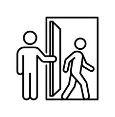 Fototapeta premium Person holding door open icon. courtesy, assist, entrance, polite gesture, access, help. line and flat vector illustration.