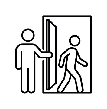 Person holding door open icon. courtesy, assist, entrance, polite gesture, access, help. line and flat vector illustration.