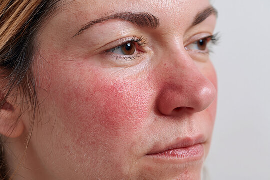 Red flushed cheek facial redness irritated skin sensitive skin close up woman face brown eye nasal redness cheek inflammation skin texture