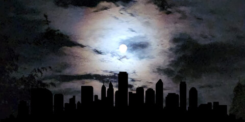 starry night background, starry sky, night city with stars. © thanakon