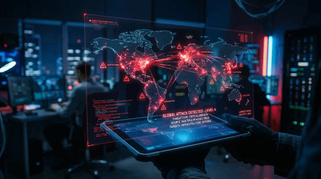 Ultra realistic data breach illustration, glowing world map interface floating above tablet, red danger hotspots connected with digital lines, cyber attack warning symbols, dark cinematic environment,