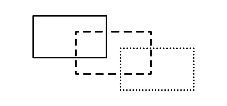 Overlapping shadow rectangles icon. layered rectangles, solid and dashed and dotted outlines, offset shadows, overlap, repetition. line vector illustration.