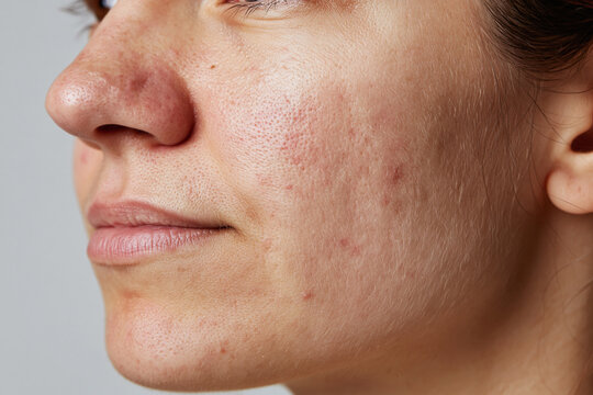 Close up acne healing stage reduced inflammation mild marks on cheek skin with visible pores and textured complexion, natural light portrait showing skincare progress and facial detail