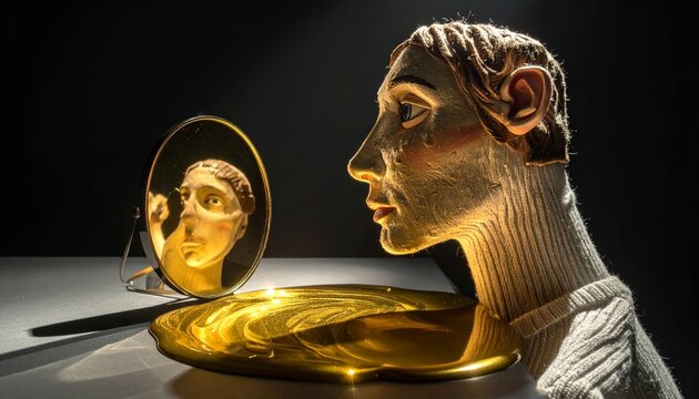 Puppet contemplates reflection in liquid gold mirror