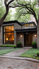 Obraz premium Striking view of a security gate and house entrance at night with uplights illuminating the brick walls and a paved drive leading to a home