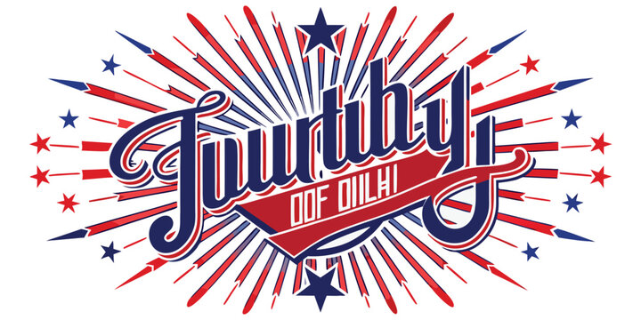 Fourth of july typography with red and blue starburst rays and stars