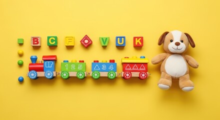 Fototapeta premium Colorful play day wooden train alphabet blocks and plush puppy on yellow background