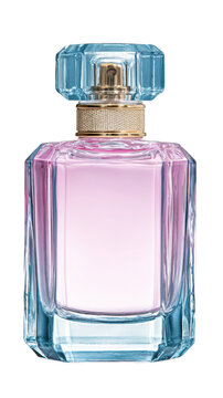 Luxury perfume bottle with pink fragrance in faceted clear glass and blue cap isolated