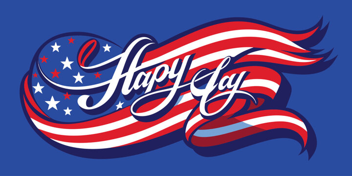 Hapy jay text with flowing american flag ribbon and stars on blue background