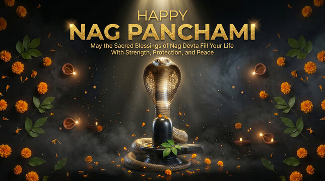 Happy Nag Panchami sacred blessings of Nag Devta fill life with strength protection and peace illuminated by diyas and marigold flowers on dark background