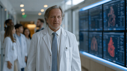 Fototapeta premium Wide hospital corridor scene showing a biomedical engineer walking a group of visiting cardiology residents past a display wall featuring real-time digital twin organ simulation outputs for three cu