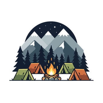 A flat vector illustration of a peaceful night camping scene