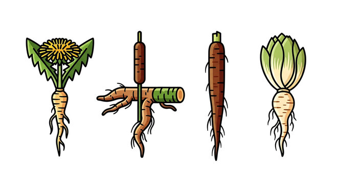 Set of edible wild plants with roots, dandelion, cattail, burdock and chicory