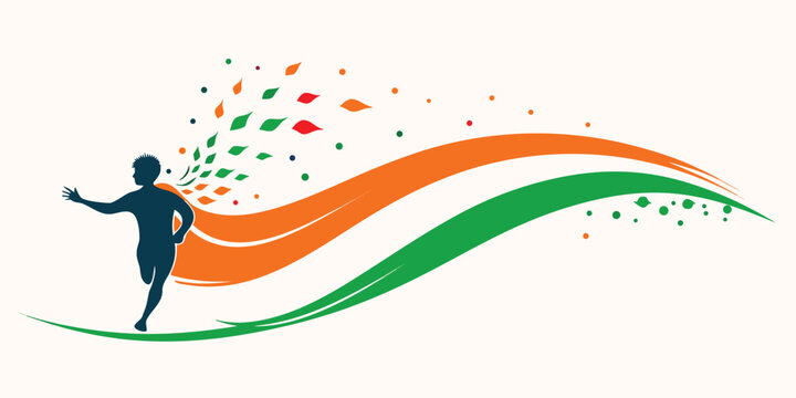 Silhouette of a running person with orange and green flowing ribbons and scattered leaves