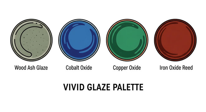Ceramic vivid glaze palette vector illustration featuring wood ash glaze, cobalt oxide, copper oxide, and iron oxide