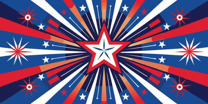 Red white and blue star burst with radial stripes and geometric shapes